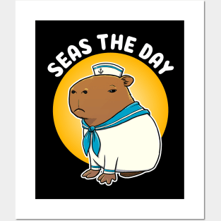 Seas the day Cartoon Capybara Sailor Posters and Art